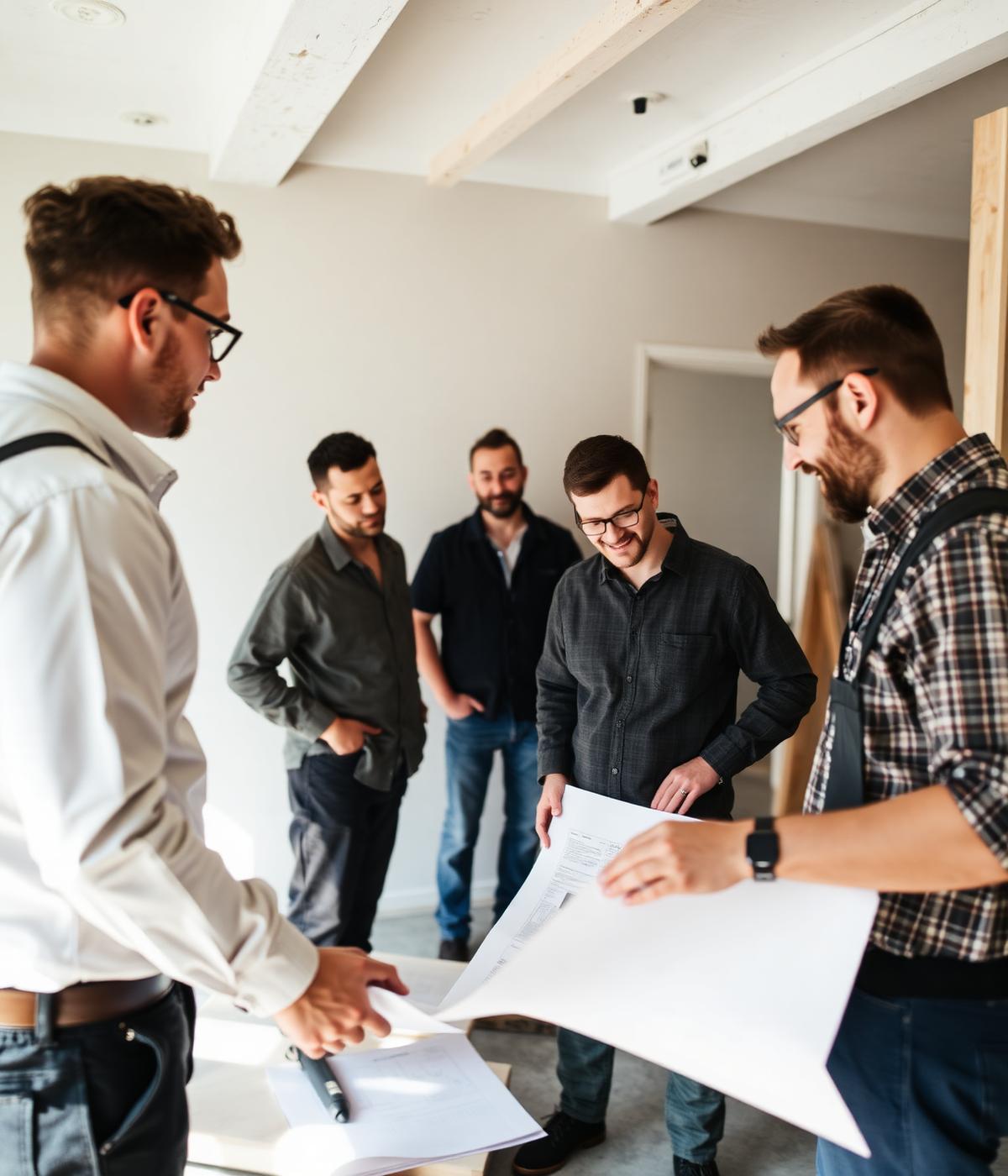 Equipo de Canor Construcciones revisando planos de una reforma